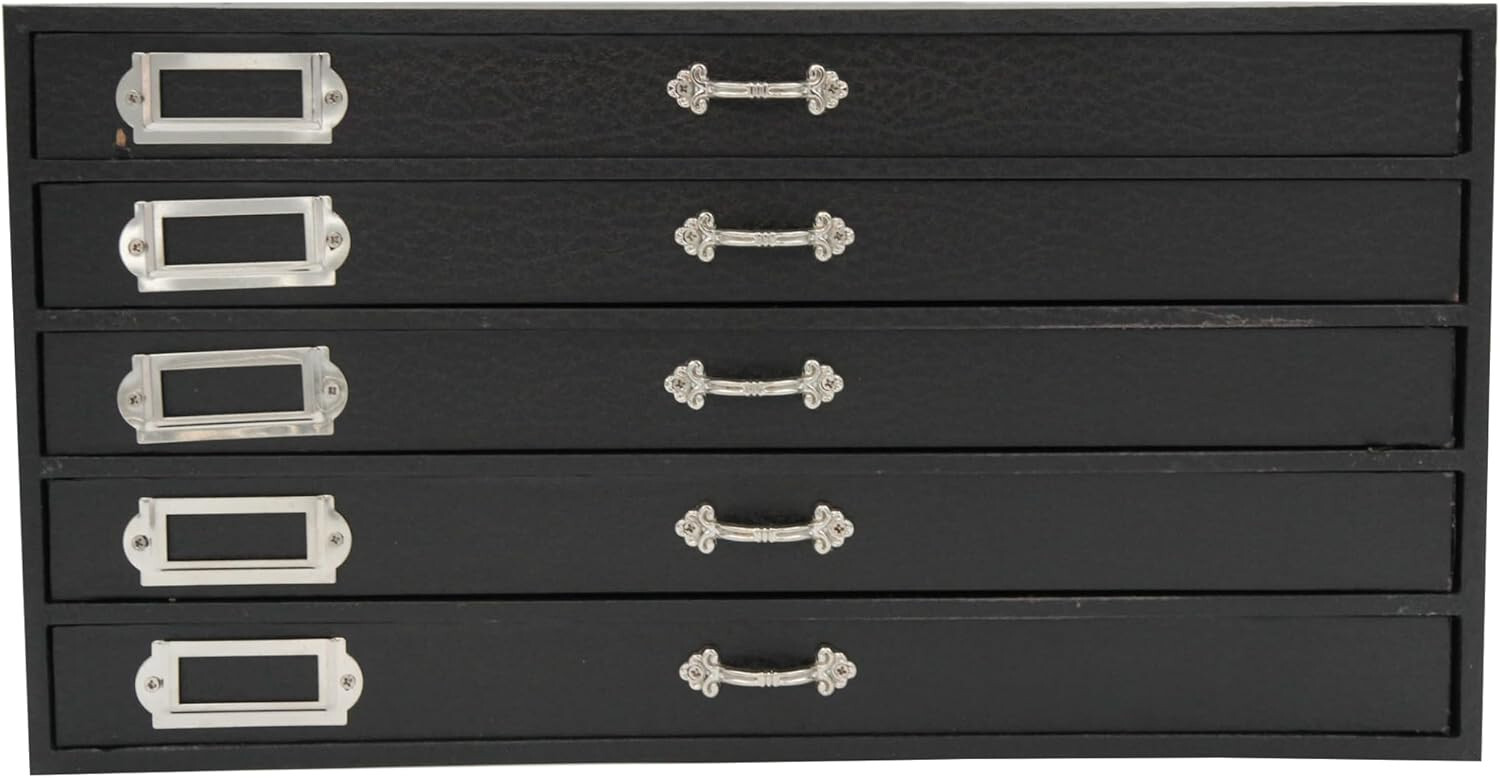 Jewelry Storage Organizer Case Cabinet 5 Drawer Black Faux Leather 15" x 8"