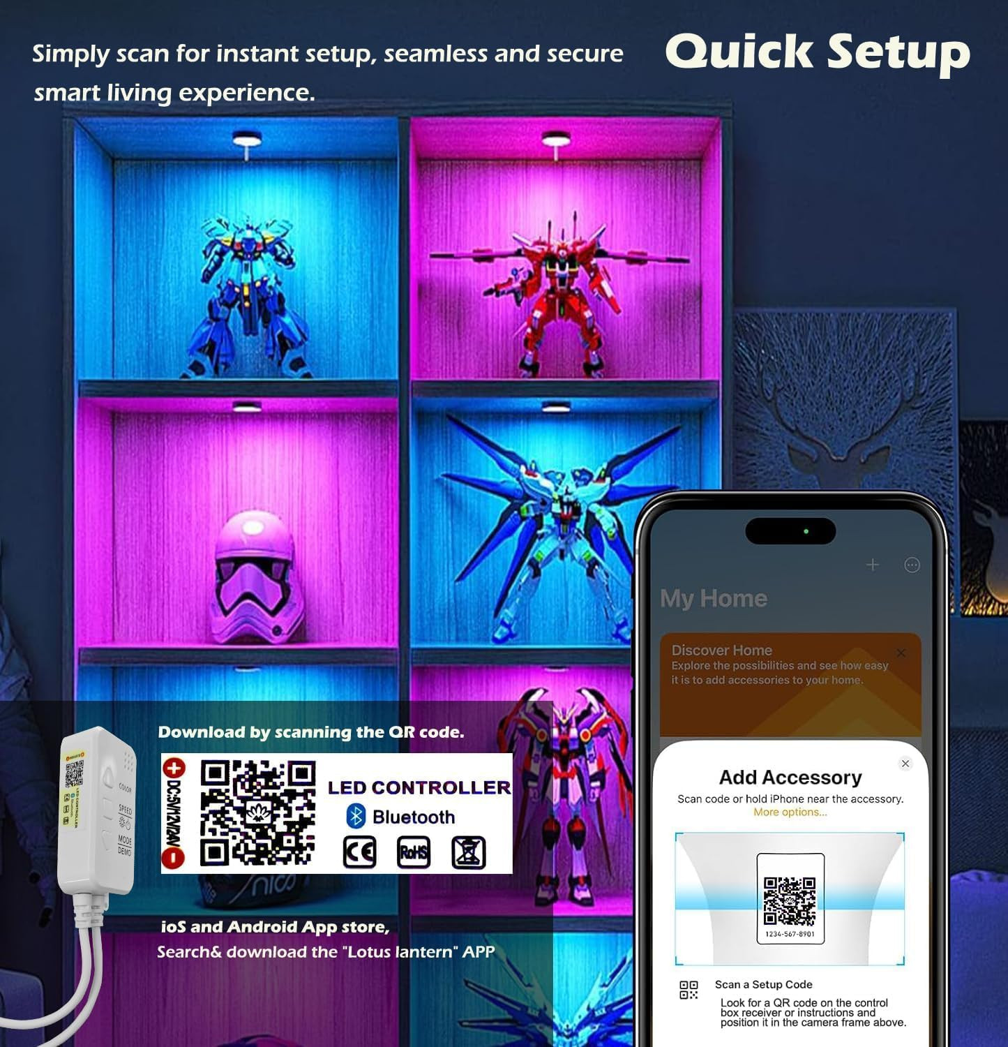 Color Cabinet Lighting, 4Pcs 12" Linkable RGB LED Light Bar Kit for Display Cabi