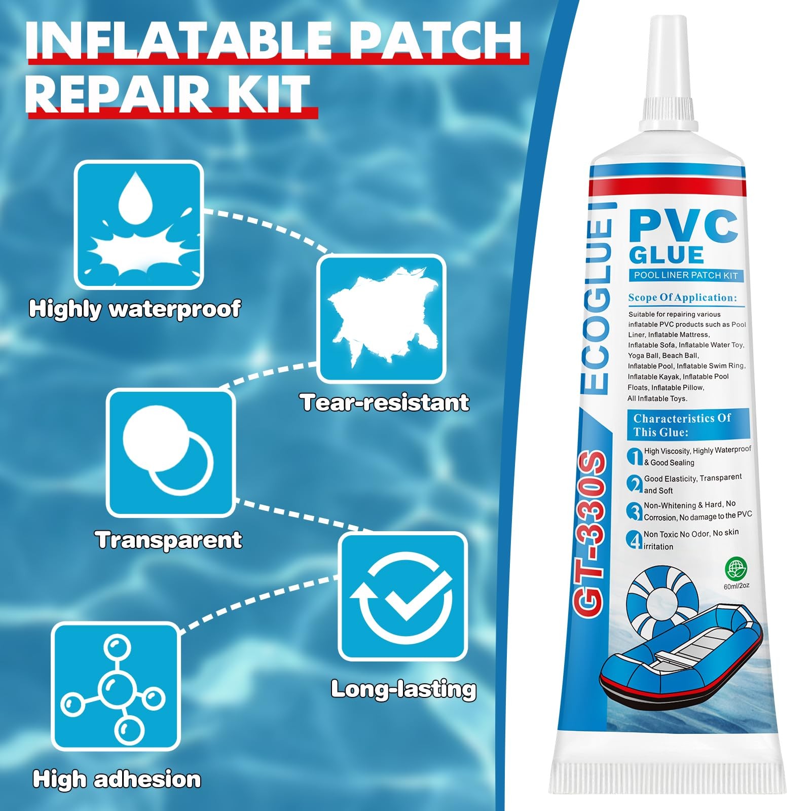 Pool Liner Patch Kit，Air Mattress Patch，Heavy Duty Vinyl Repair Kit for Infla...