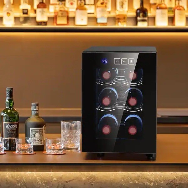 Black Single Zone Wine Fridge, Touch Control, LED Display, Holds 6-25 Bottles