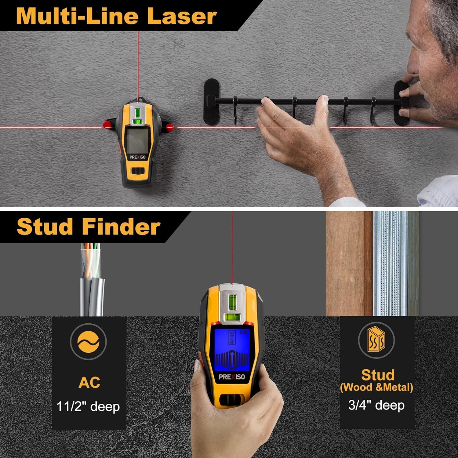 PREXISO 2-in-1 Stud Finder with Laser Level, Rechargeable Cross Line Laser NEW