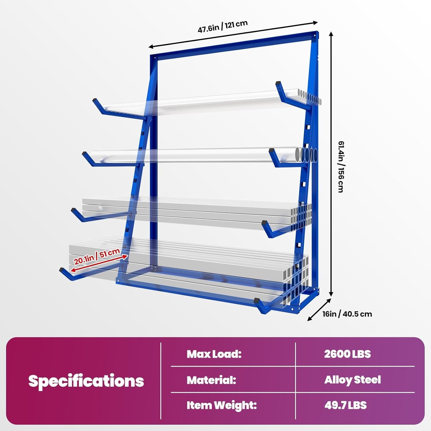48x16x62IN Heavy Duty Pipe Lumber Organizer Shelf 2400lb Lumber Storage Rack NEW