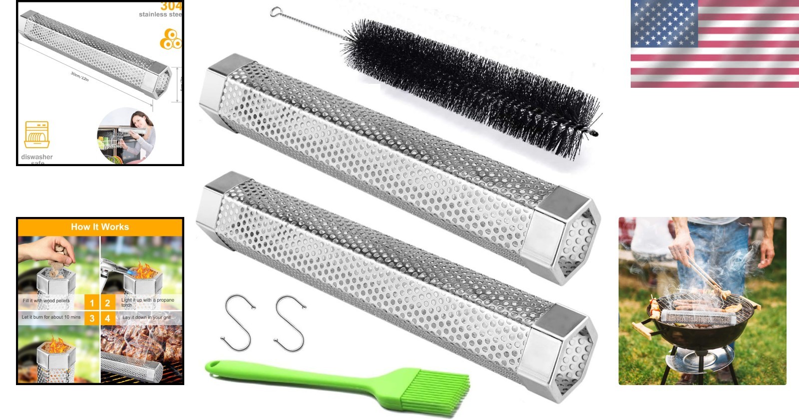 Pellet Smoker Tube, 2 Pack 12'' Stainless Steel BBQ Wood Pellet Tube Smoker, for