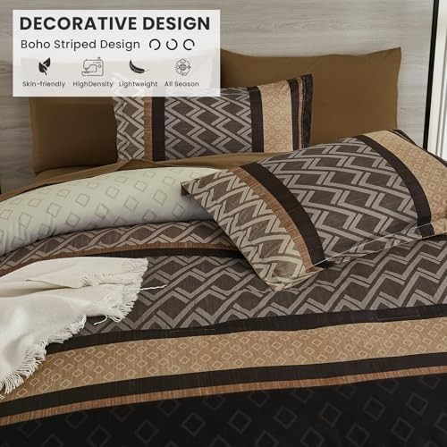 Comforter Set Size,Boho Striped Bed in a Bag,7 Piece Plaid Queen Brown