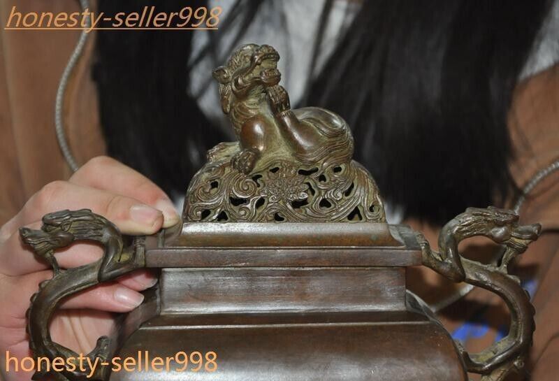 8.6" Ancient Chinese Pure bronze dragon loong beast statue Incense burner censer
