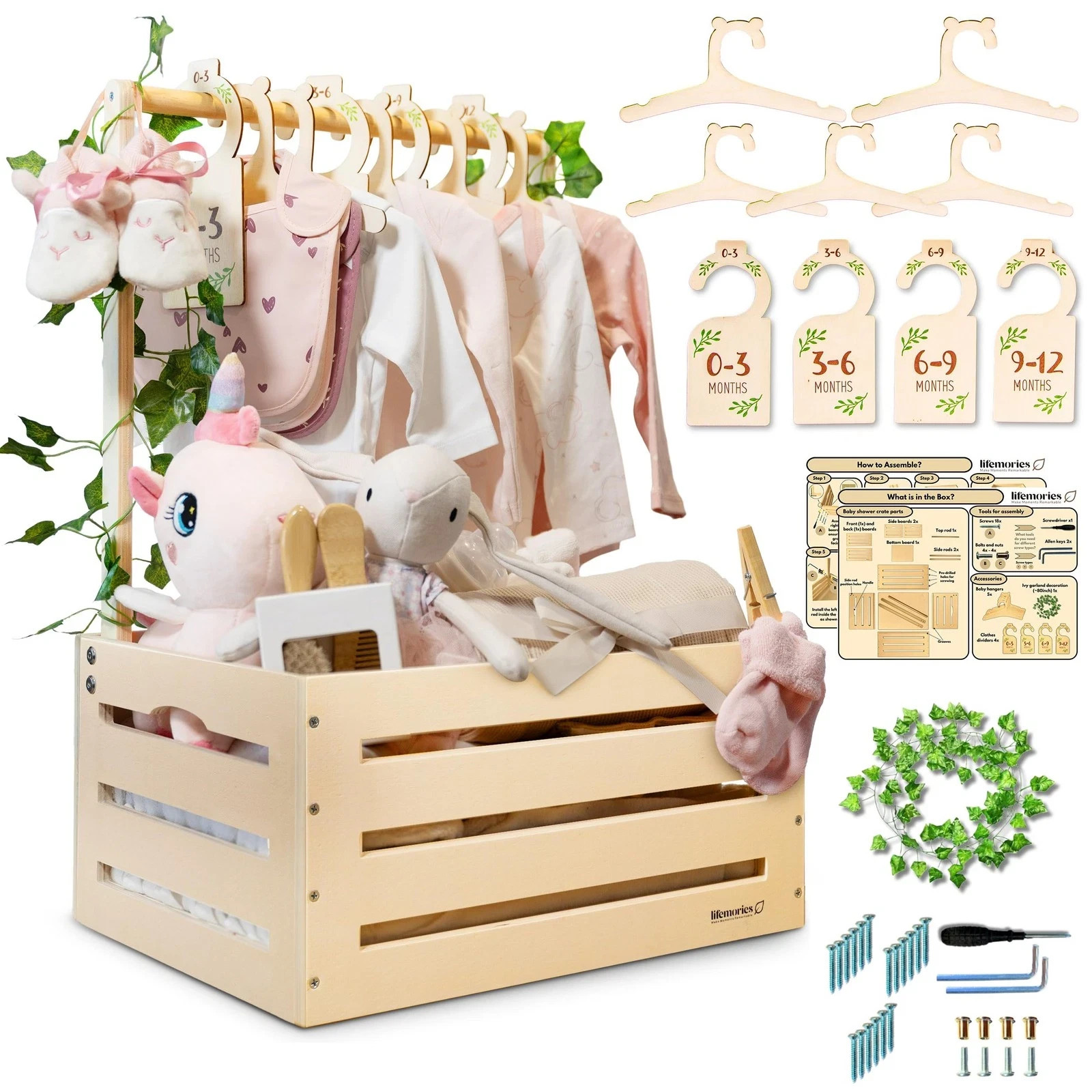Kit Wooden Baby Shower Crate Closet with Clothes Hangers & Dividers, Large Gift