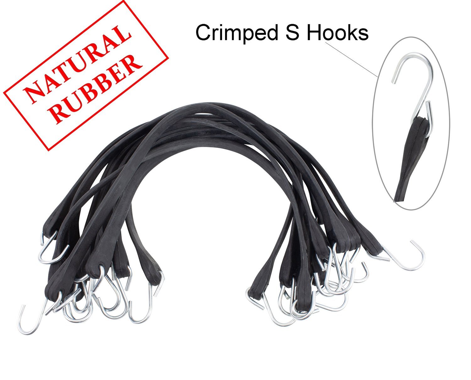 15" Natural Rubber Tarp Bungee Straps Crimped Hooks - 50 Pack