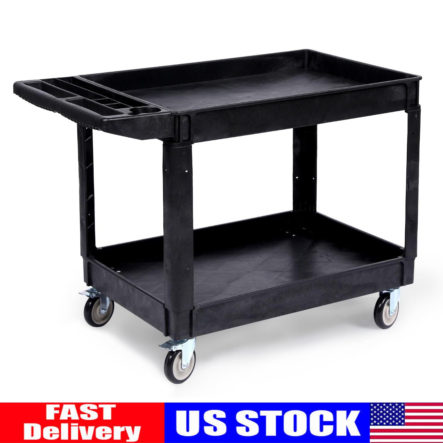 Utility Service Cart Plastic Rolling Cart 2 Shelf 550LBS with 360° Swivel Wheels