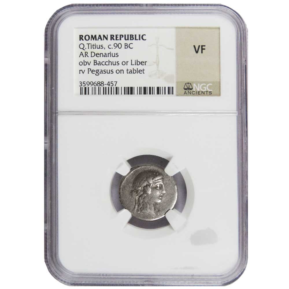 Roman Republic Q. Titus AR Silver Denarius 90 B.C. Bachus Obv Pegasus rev NGC VF
