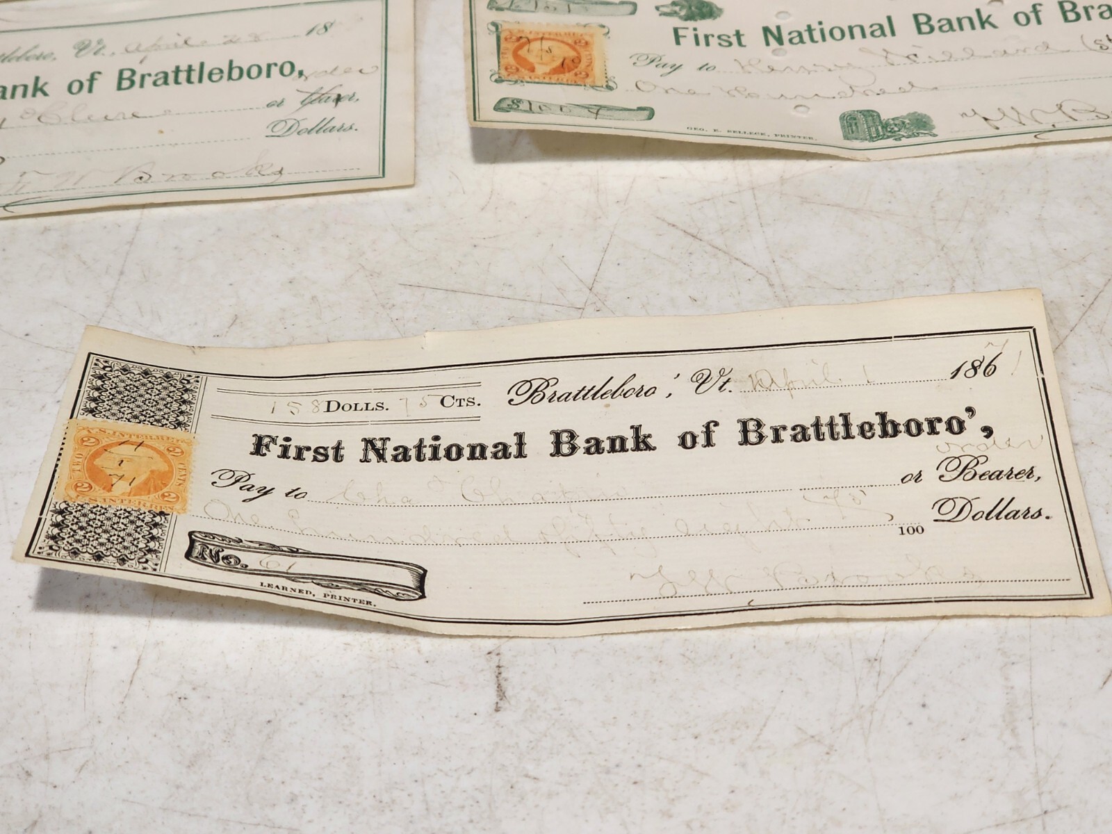 LOT OF 7- Antique Civil War Era Bank Checks w/Stamps BATTLEBORO VERMONT