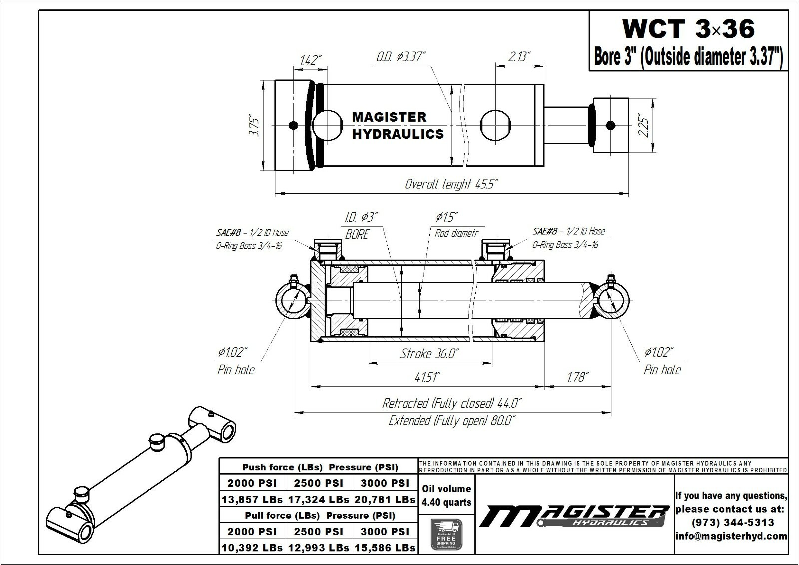 Hydraulic Cylinder Welded Double Acting 3" Bore 36" Stroke Cross Tube 3x36 NEW