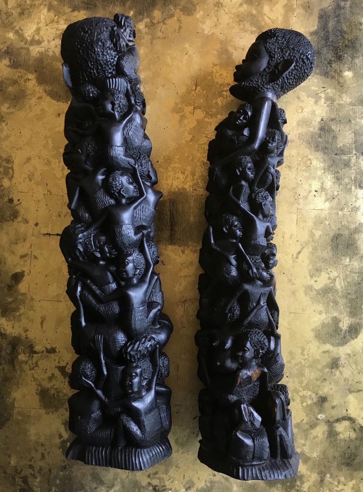 Antique Pair of EBONY MALE & FEMALE MAKONDE . “Tree of Life” STATUES . 24"+ TALL