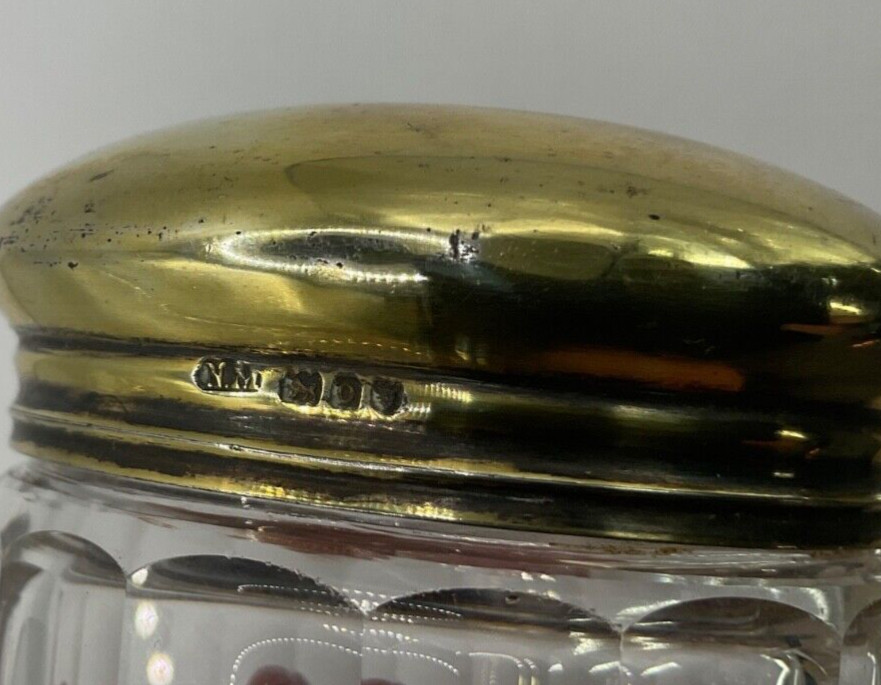 Antique London Gilt Sterling Silver Cut Glass Dresser Jar 1909 Norman Marshall