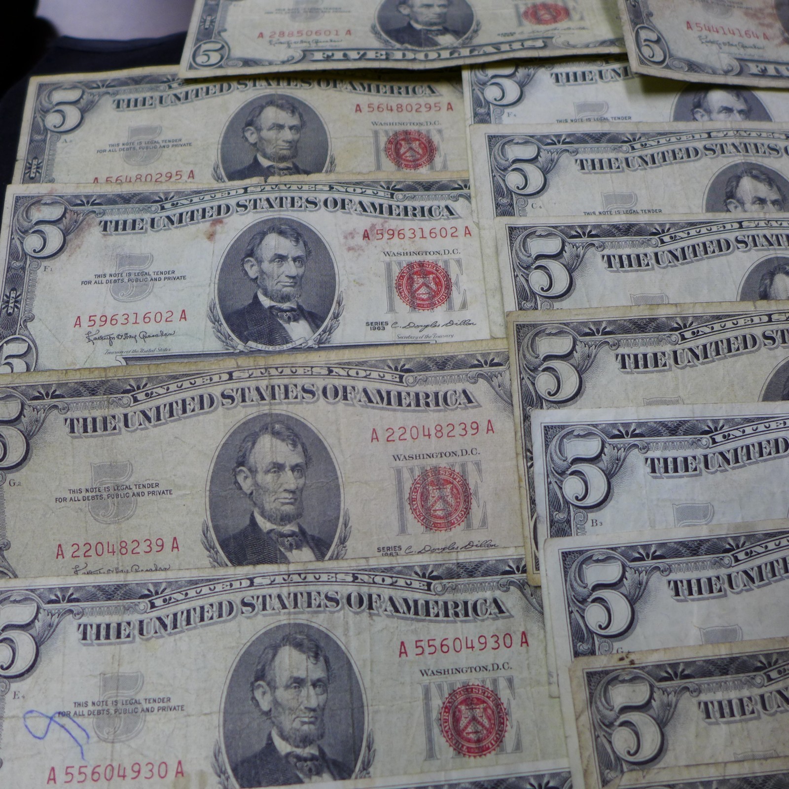 Lot of (50) 1963 Red Seal FIVE Dollar $5 Bills CIRCULATED BILLS - Culls