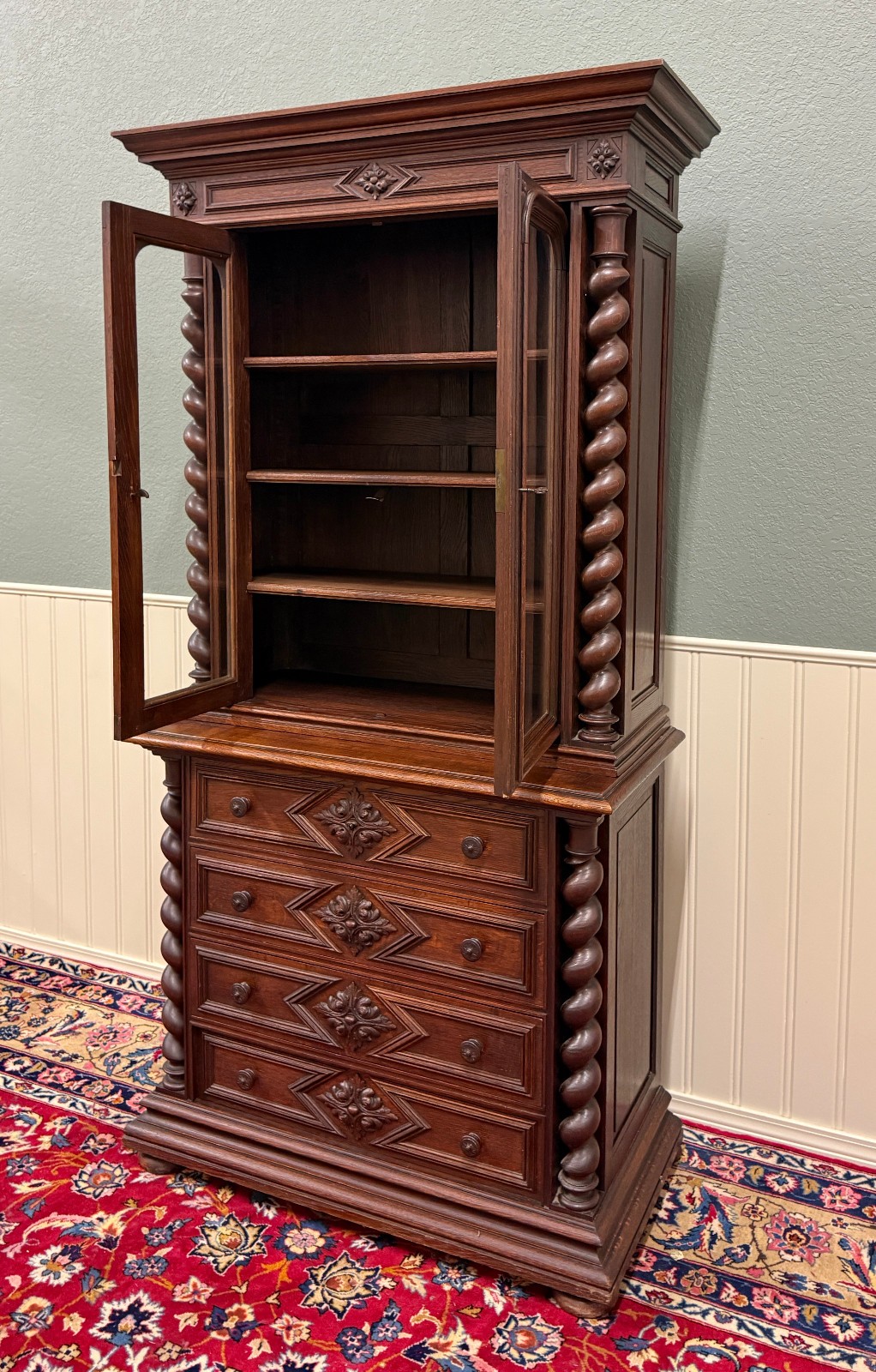 Antique French Bookcase & Chest of Drawers Display Cabinet Barley Twist Oak