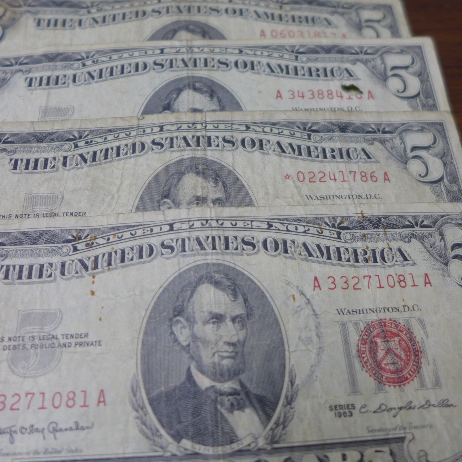 Lot of (50) 1963 Red Seal FIVE Dollar $5 Bills CIRCULATED BILLS - Culls