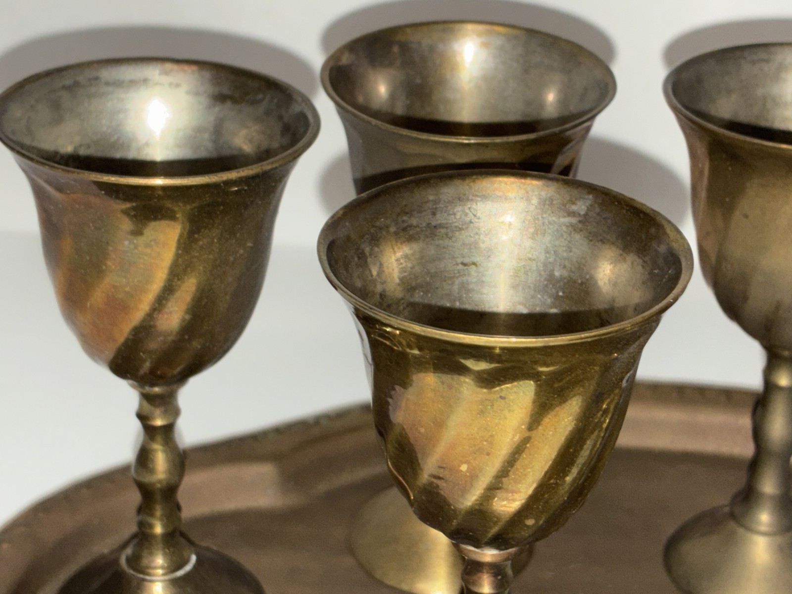 Vintage Brass Cordial Goblets Set of 6 with Hammered Tray Made in India