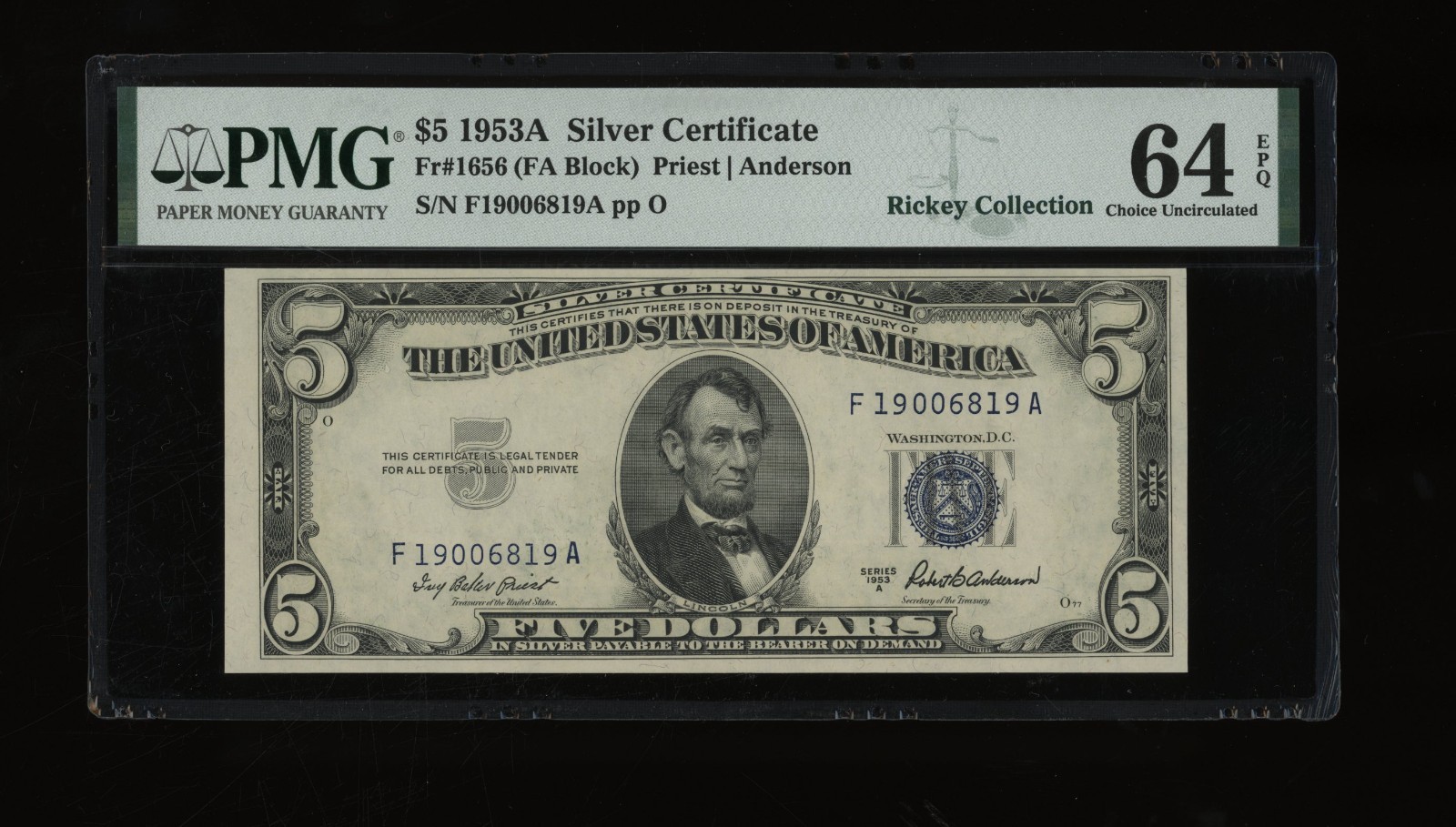 DBR 1953-A $5 Silver Fr. 1656 FA Block PMG 64 EPQ Serial F19006819A