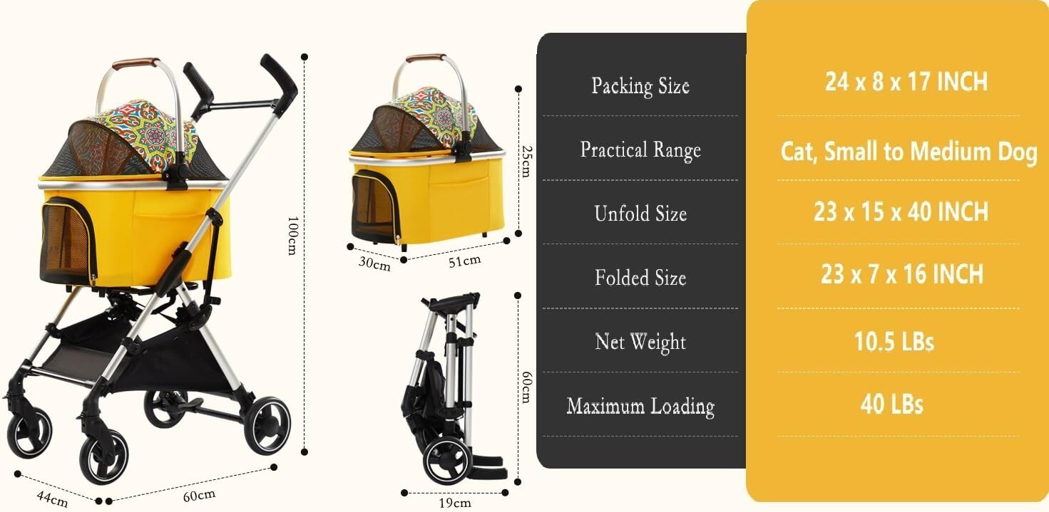 3 in 1 Multifunction Foldable Pet Stroller for Dog and Cat + Carrier + Car Seat