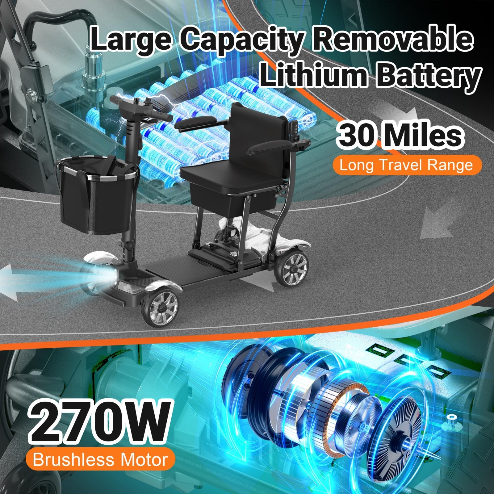 38LBS Foldable 4 Wheel Mobility Scooter for Seniors Lightweight Airline Approved