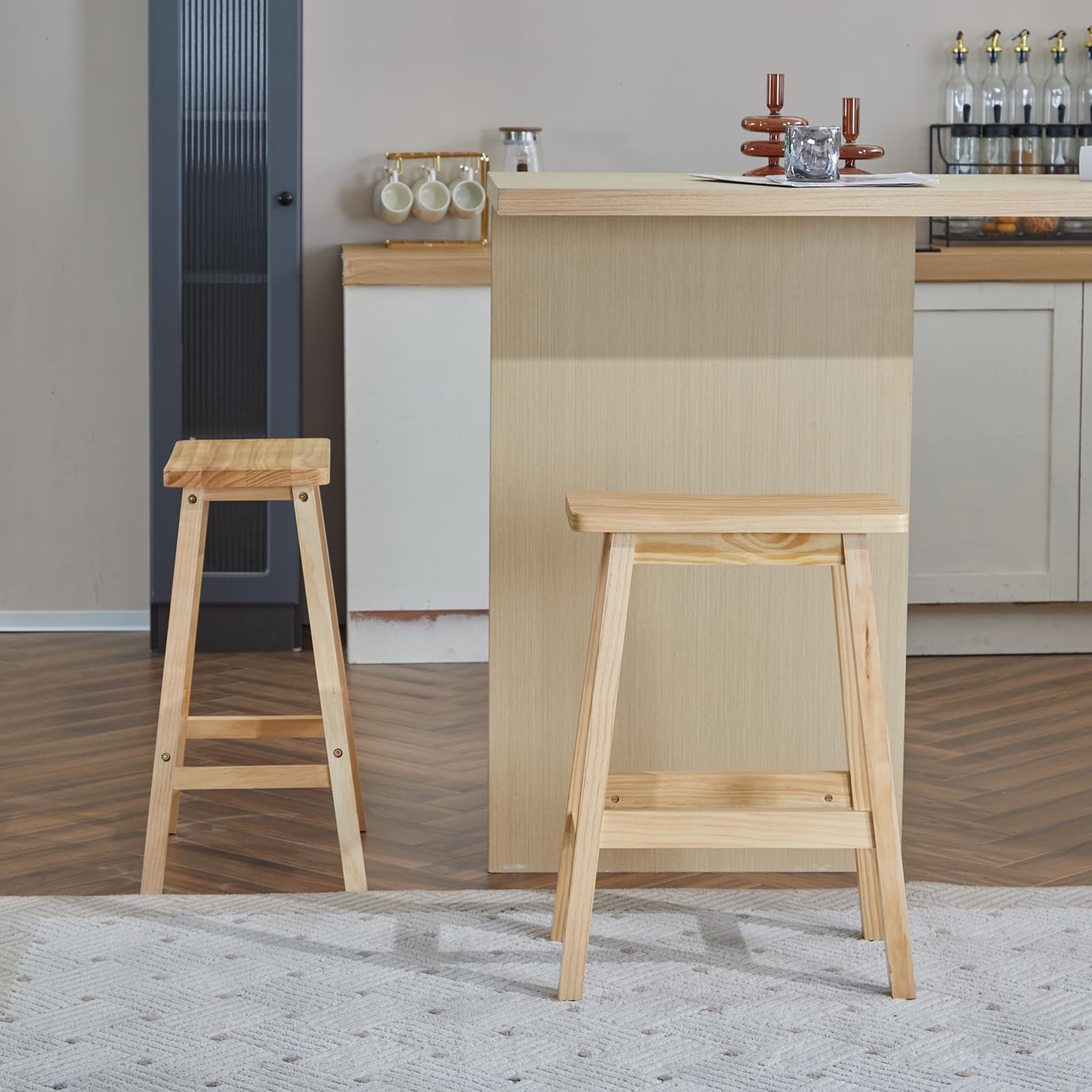 Counter Height Bar Stools Set of 2, Solid Wood Saddle-Seat, Stools for Kitchen