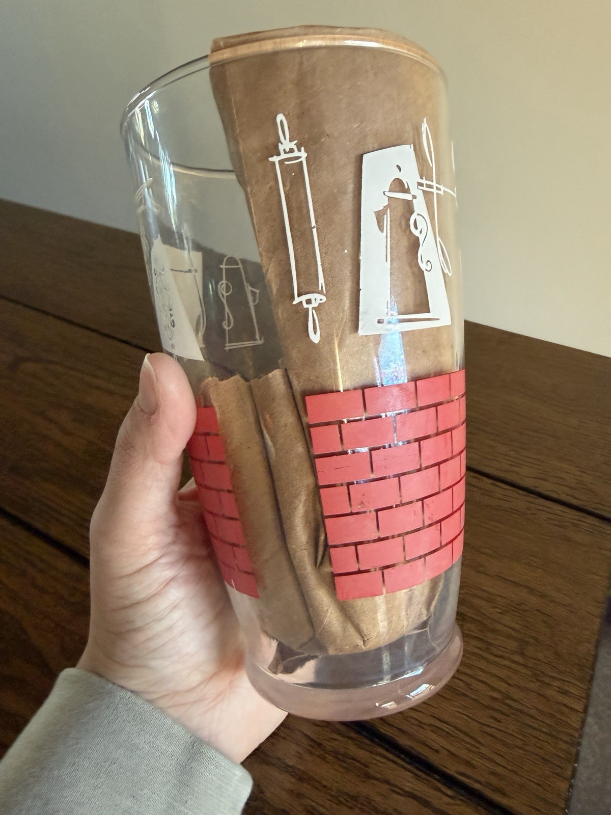 Vtg Libbey LARGE Iced Tea Glass, 32 Ounce Retro Mod Tumbler Red White