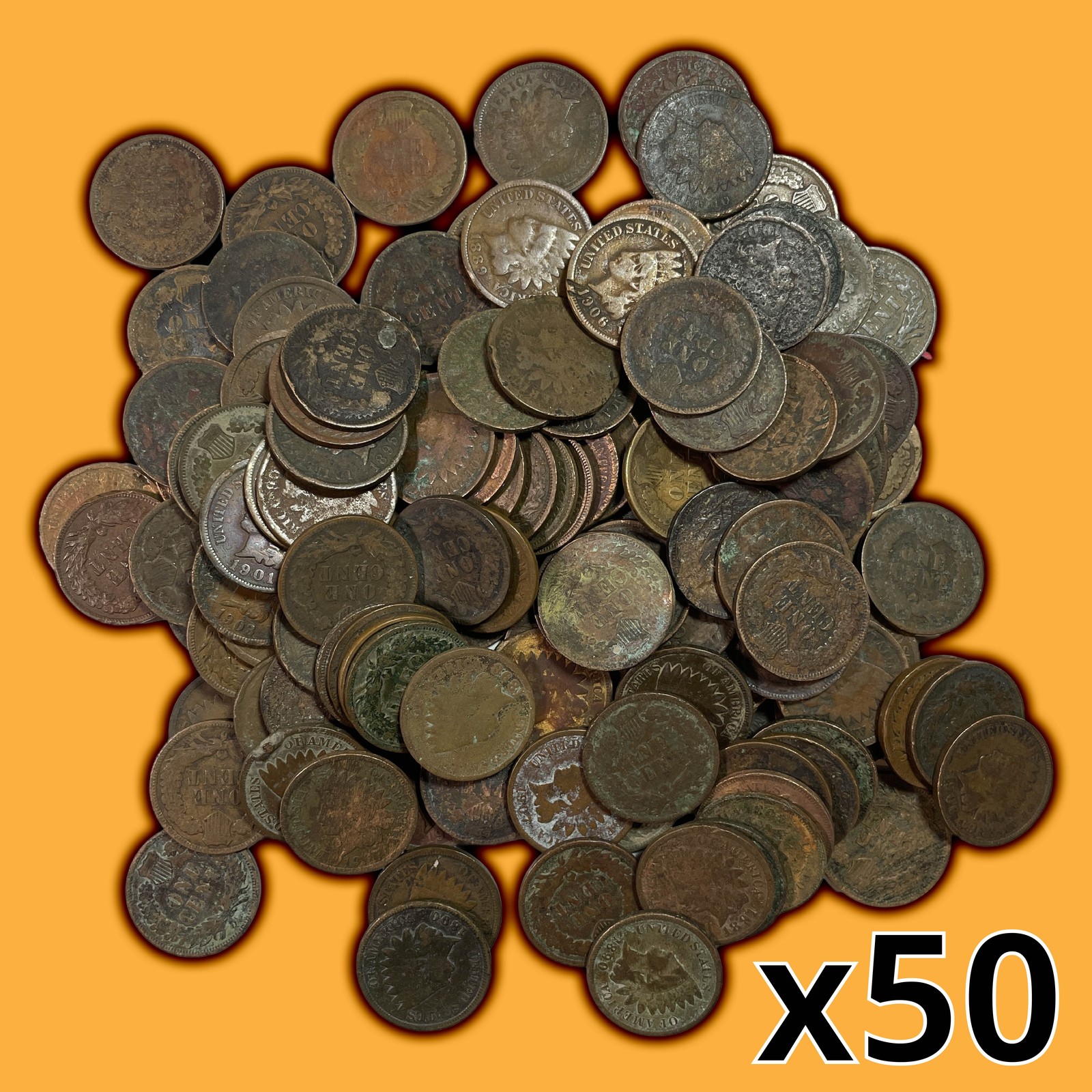 Roll of 50 Heavily Circulated/Cull Indian Head Cent Coins 1900-1909 #34822