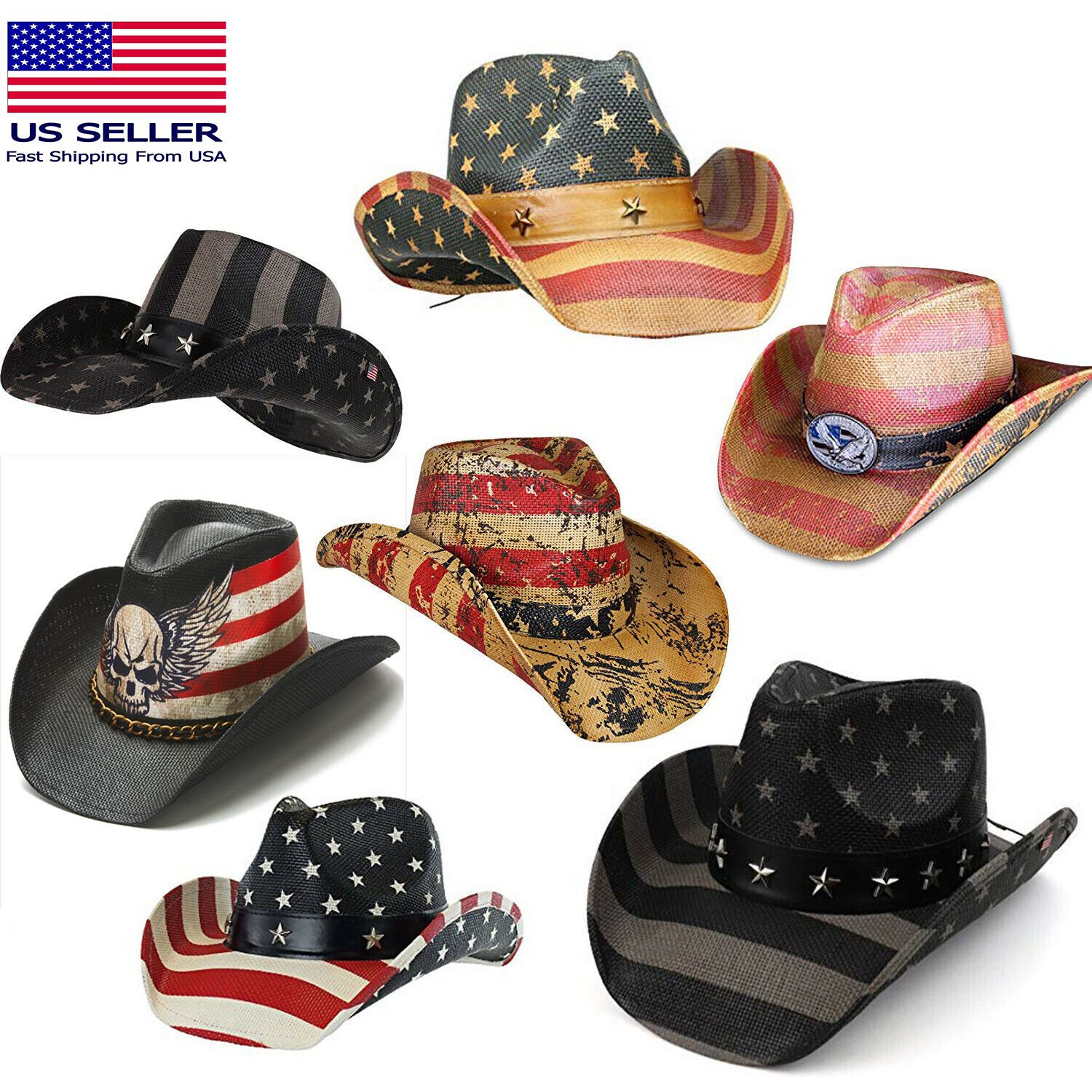 Men's Vintage Tea Stained USA American Flag Shape-It Brim Cowboy Hat Western