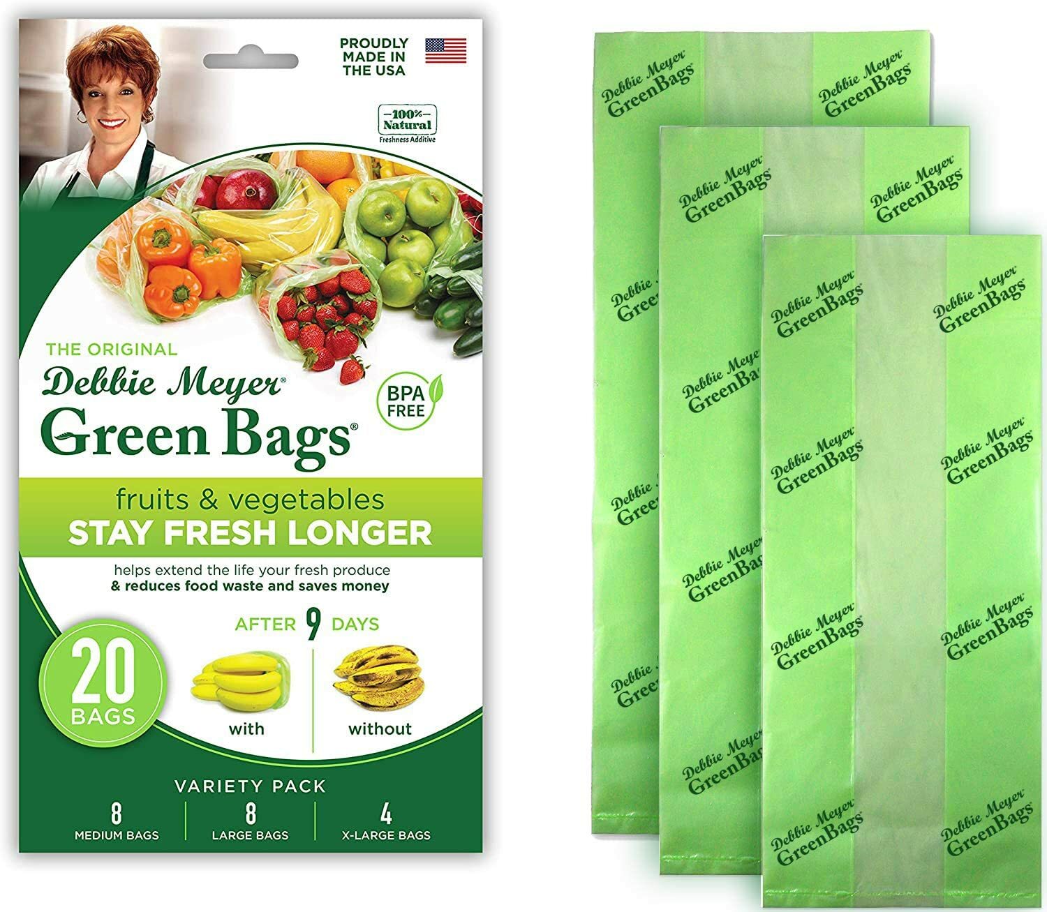 Debbie Meyer Green Bags 20-Pack (8M 8L 4XL) Keeps Fruits Vegetables Flower Fresh