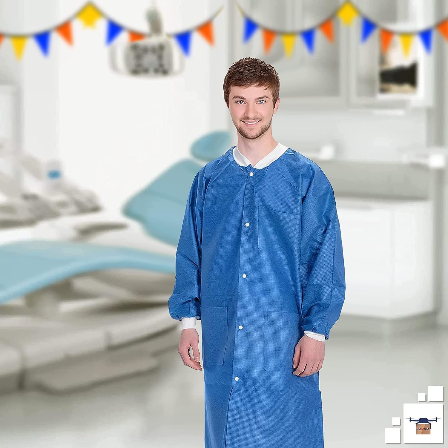 Disposable Lab Coats 38" Long 100ct Blue Adult Work Gowns Medium SMS 40 gsm PPE