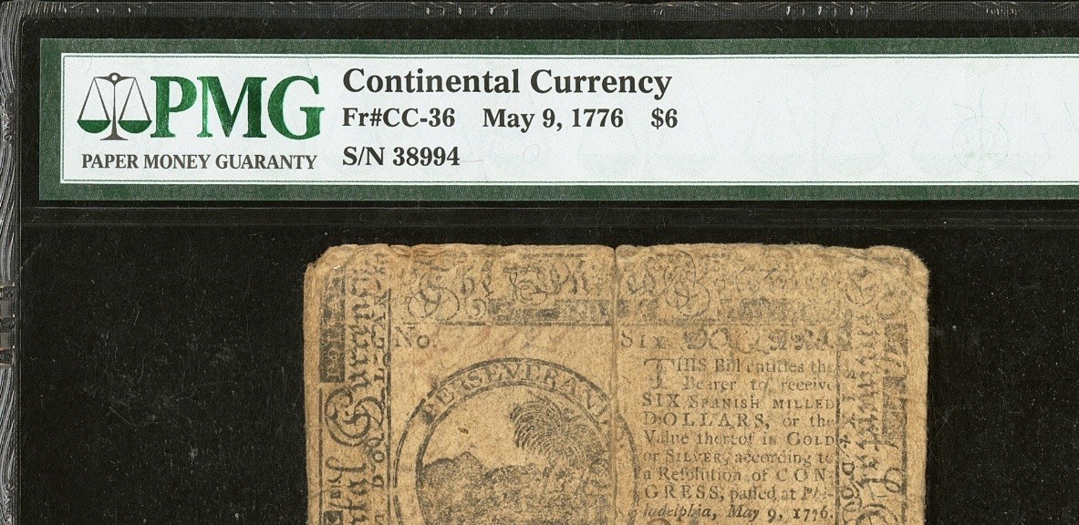 1776 American Revolution $6 Continental Currency, Colonial Bank Note CC-36 PMG