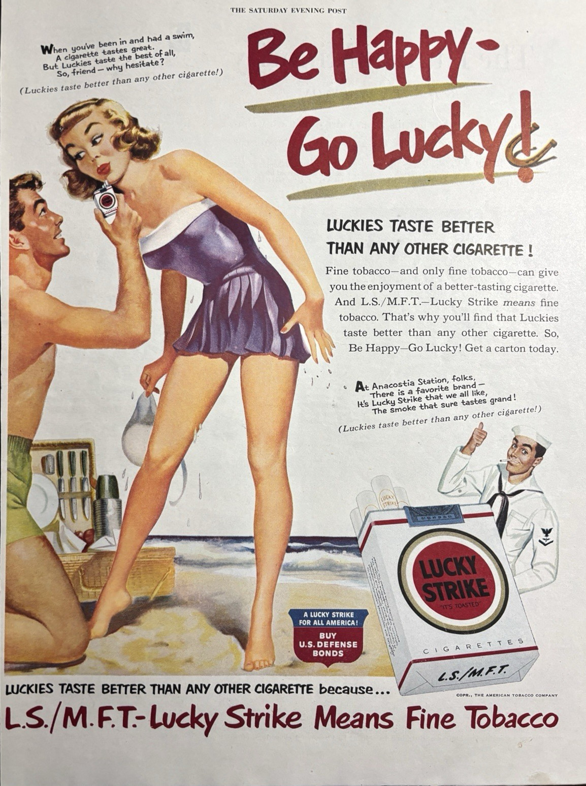 Lucky Strike Cigarettes Be Happy Toasted Defense Bonds Smoke VTG Prit Ad 1951