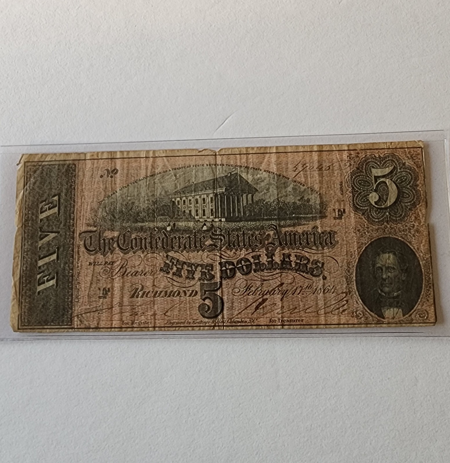 $5 1864 Five Dollar Bill Note Confederate States of America off center error