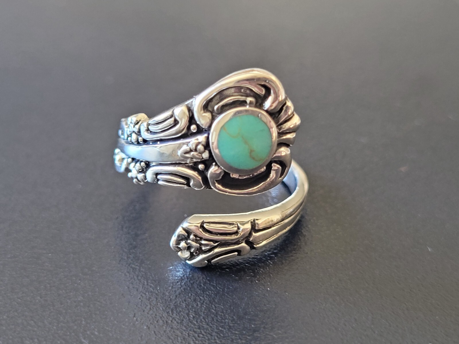 .925 Sterling Silver Victorian Turquoise Spoon Ring Adjustable Spoon Ring Band