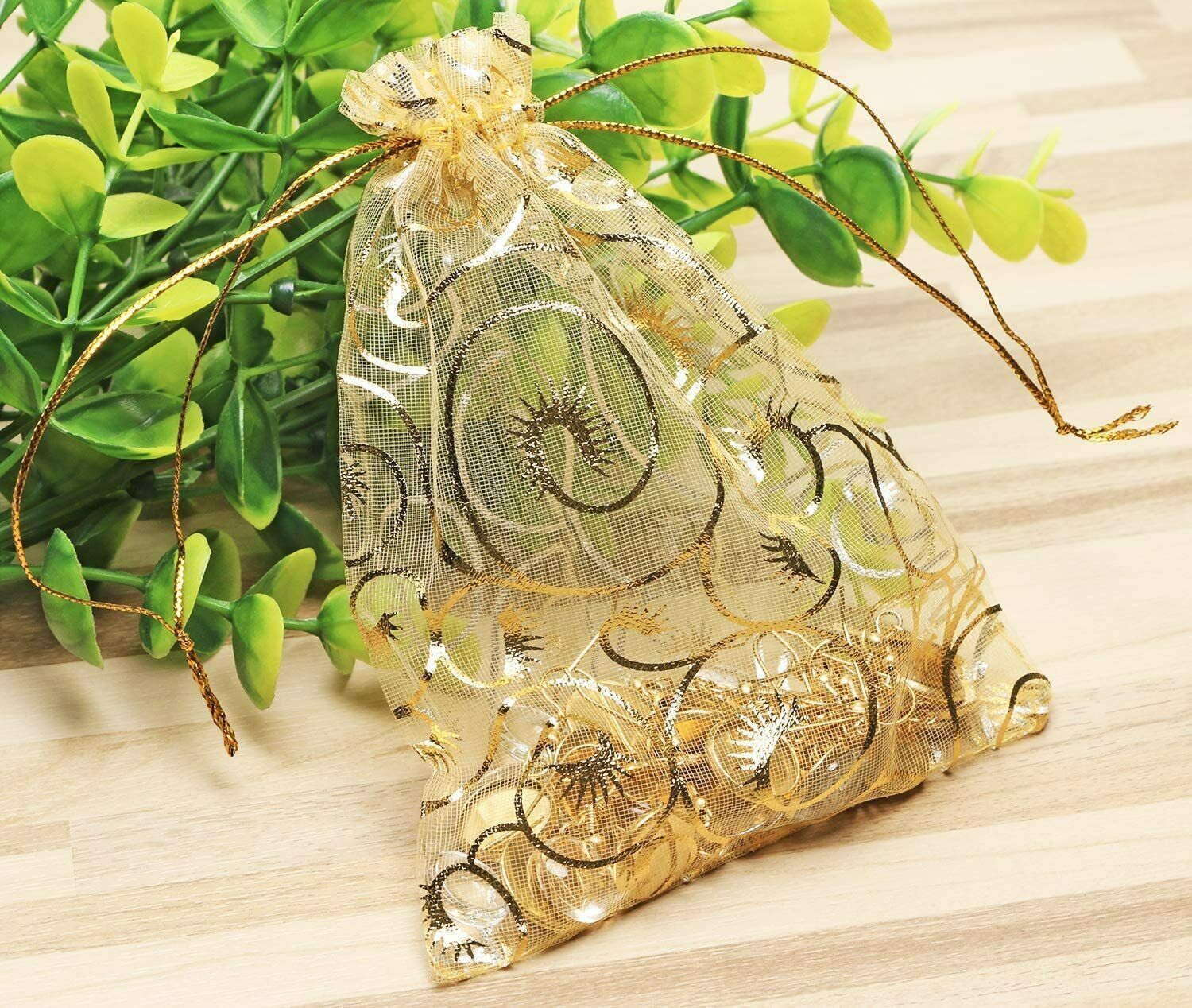 100x Gold Sheer Organza Bags 4x5 Inch Mesh Jewelry Favor Drawstring Gifts Bags