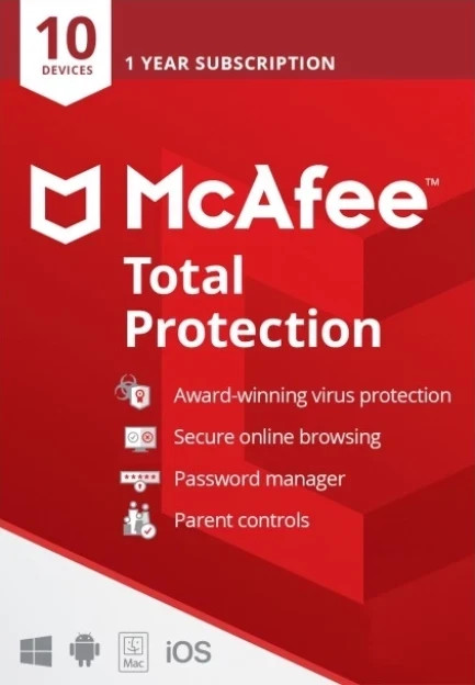 McAfee Total Protection 2026 10 Devices 1 Year Antivirus Security