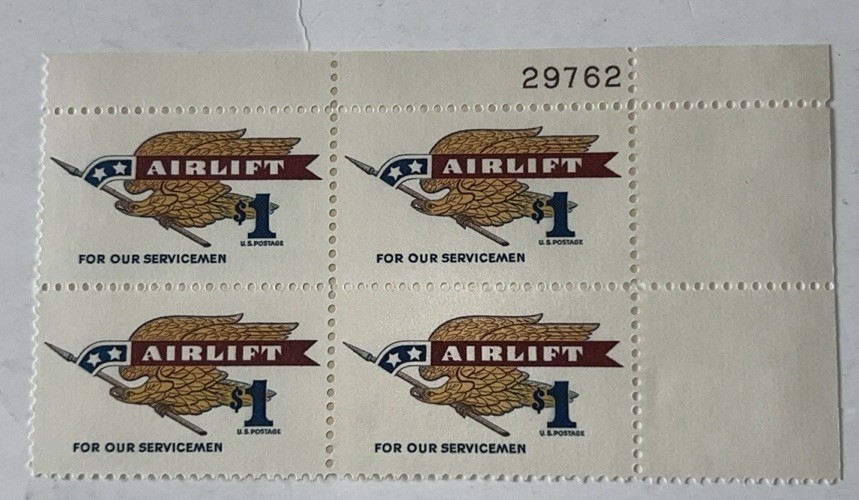 1968 AIRLIFT $1 plate block Sc 1341 MNH CV $10 Plate 29762