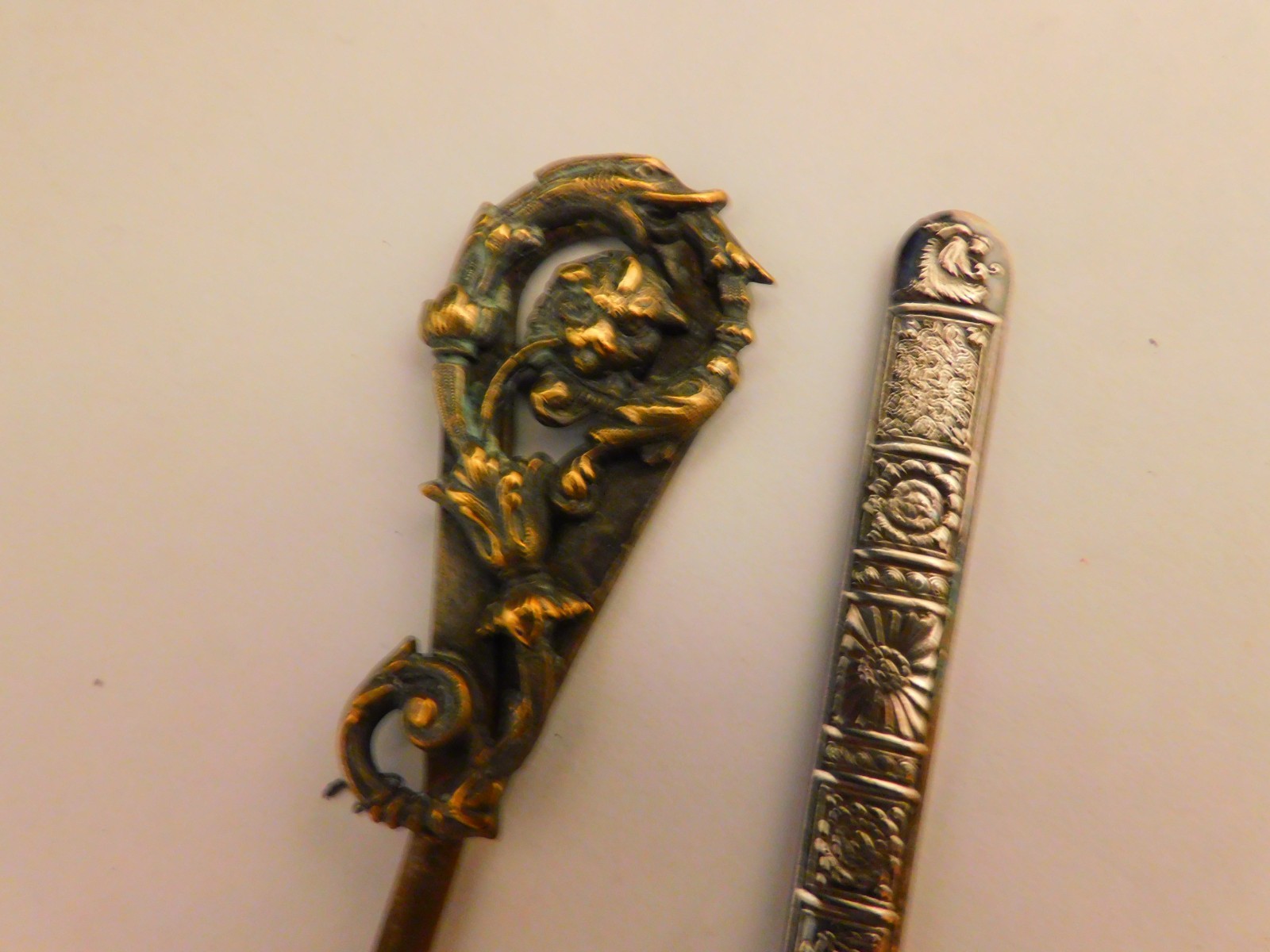 2 Vintage Metal Shoe Button or Glove Hooks Gargoyle & Etched Handles Unusual