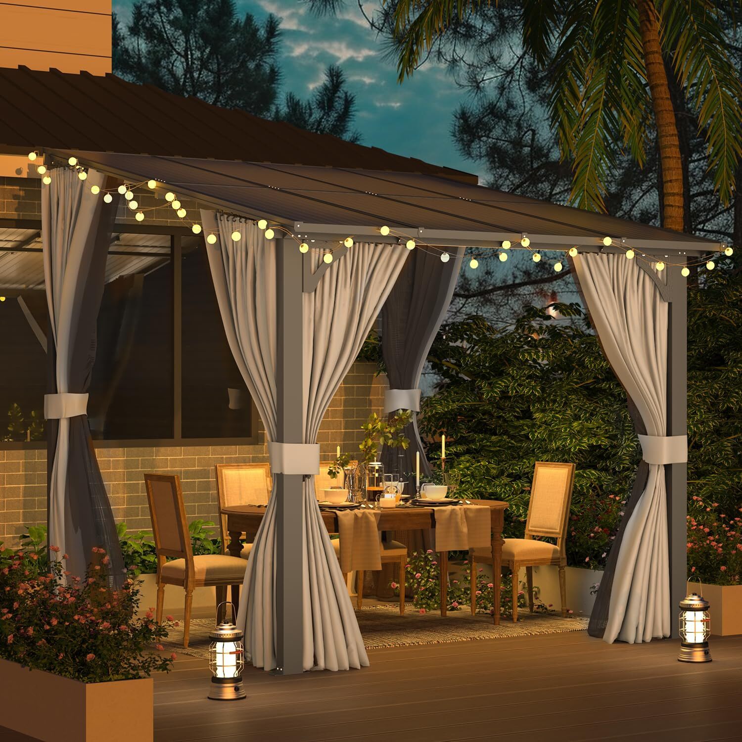 Wall-Mounted Hardtop Lean to Metal Pergola, Patio Gazebo w/ Curtains and Netting