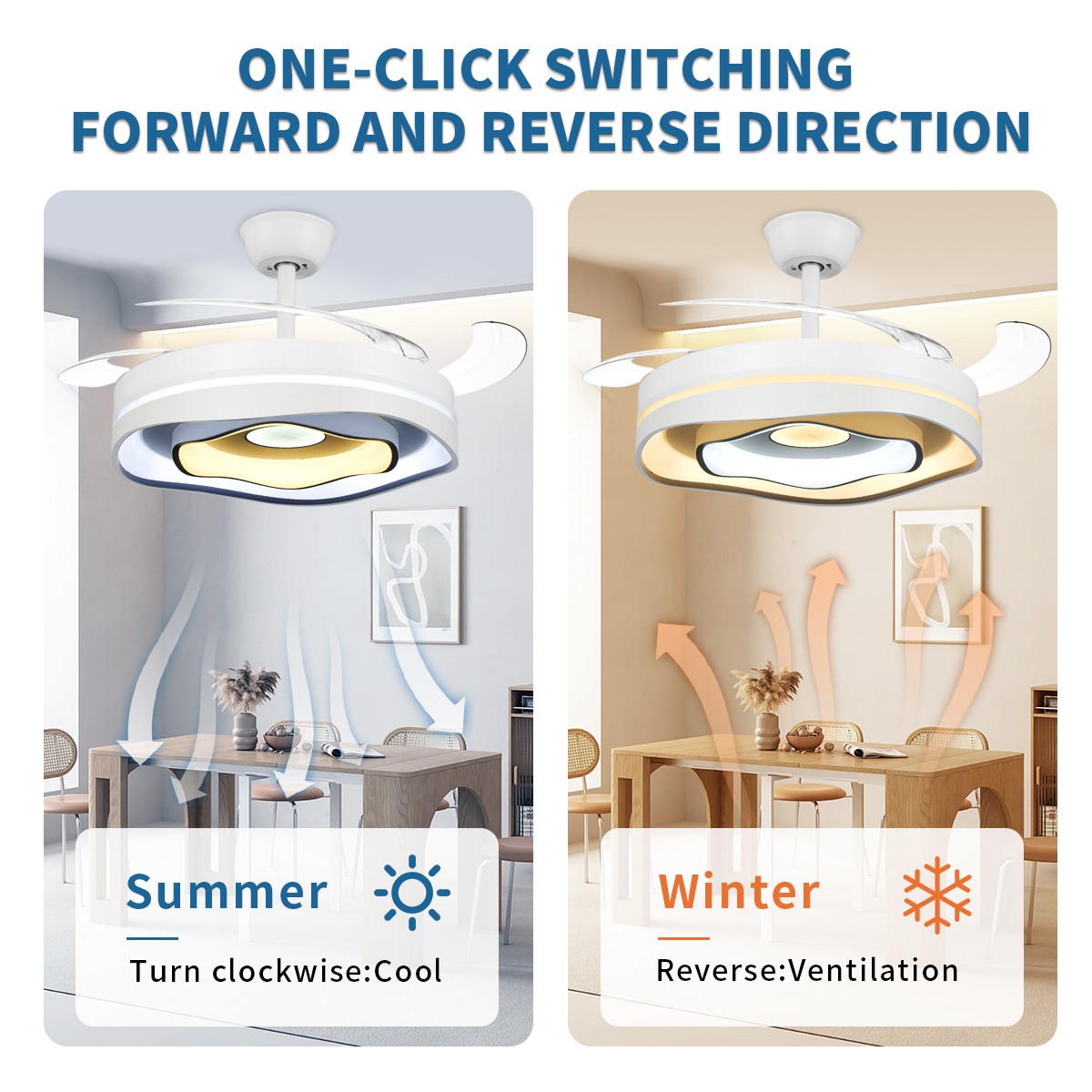 42" Modern 3 Color Light Ceiling Fan w/ Light Remote Control Retractable Blades