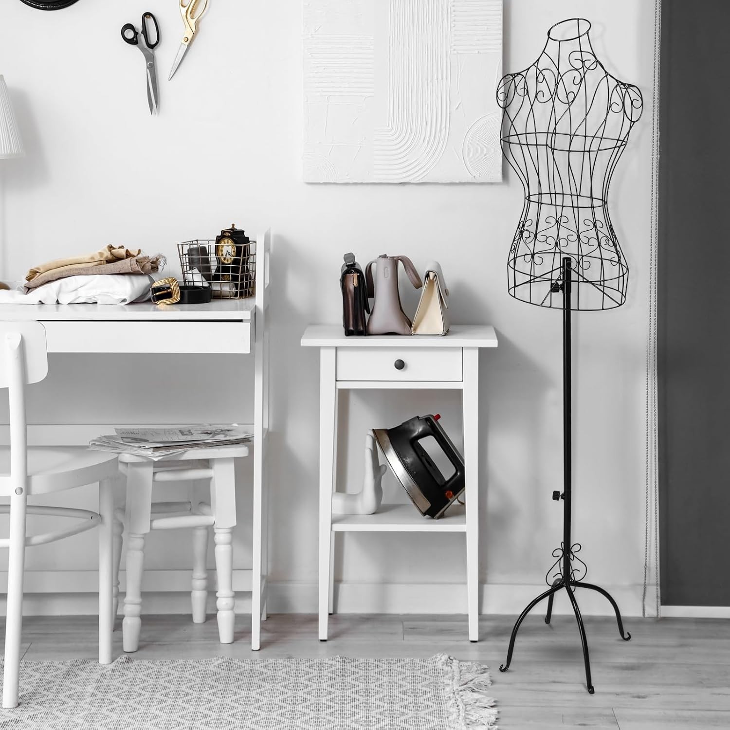 Vintage Wire Dress Form, Adjustable Height 44-65in, Black Metal Mannequin Decor