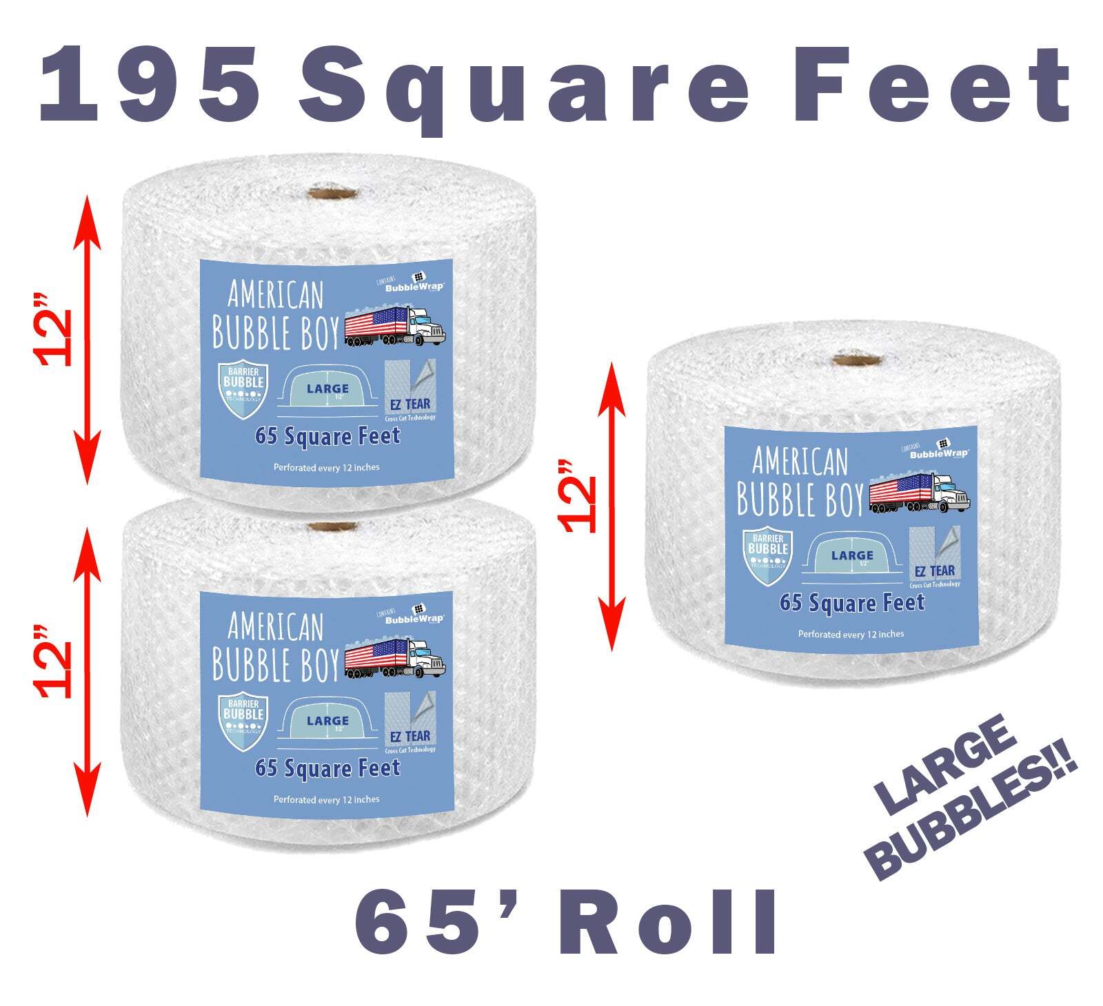 12", Large (1/2) American Bubble Boy Bubble Wrap - 195 Square feet