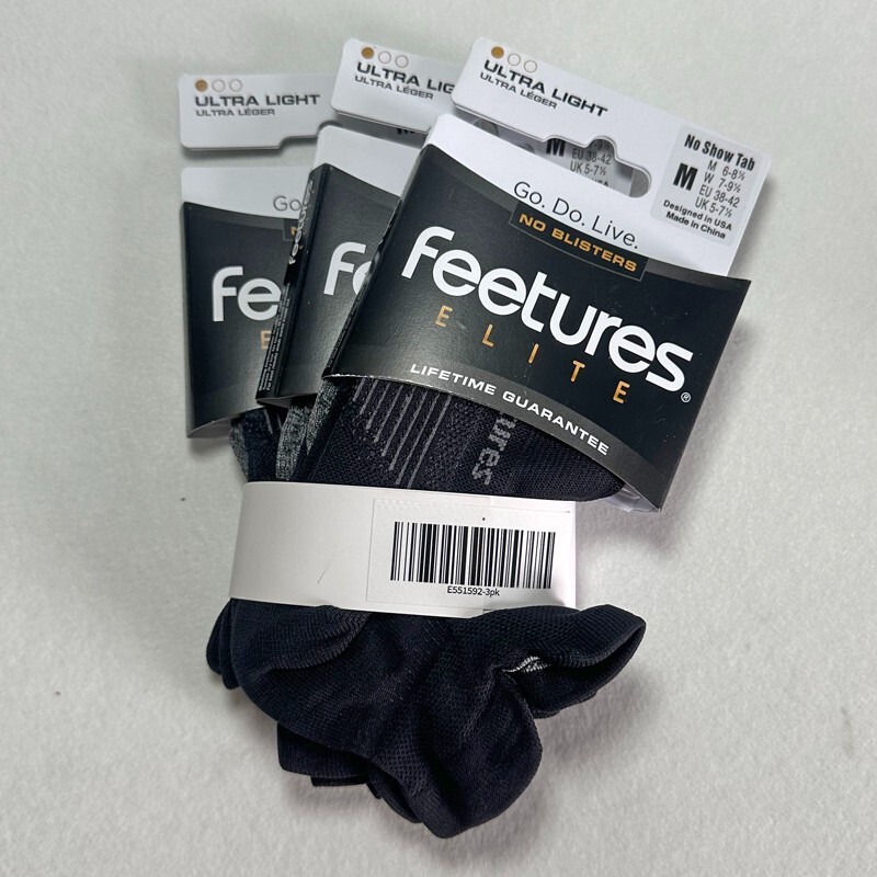 3 Pairs Feetures Women's Elite Ultra Light No Show Tab Socks Black Size M