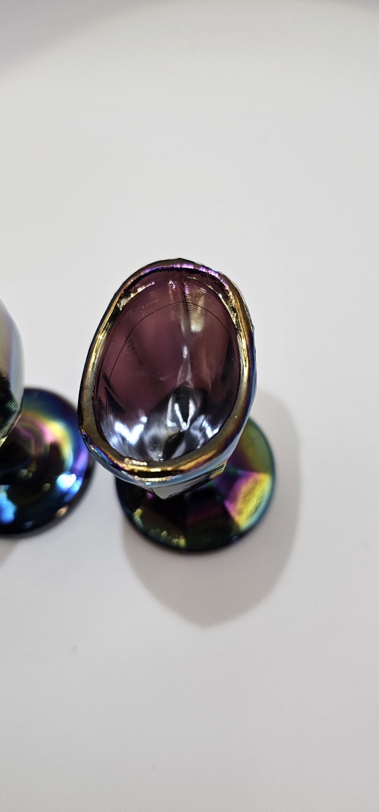 Lot 2 VTG Carnival Glass Eye Wash Cups Iridescent Optical Medical Amethyst