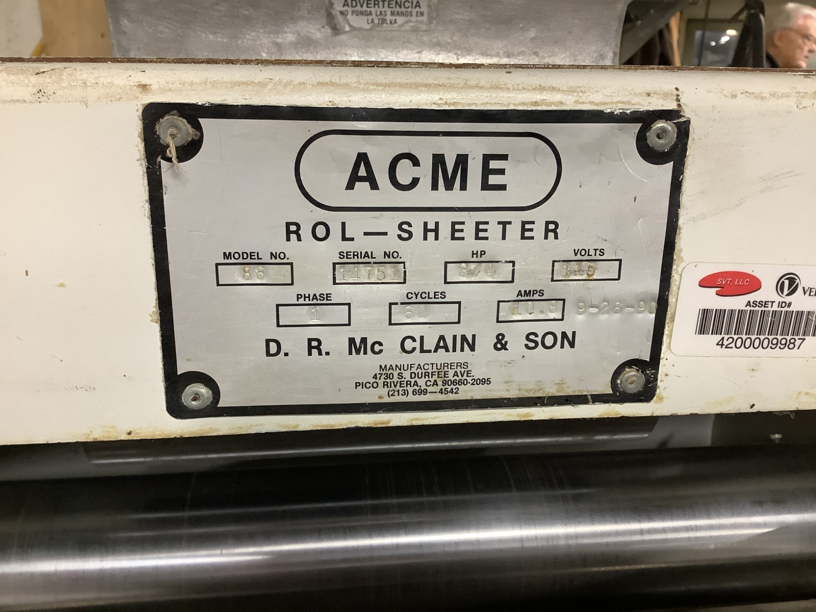 Dough Sheeter Acme 88 Missing Top Scraper 115V 1ph Tested
