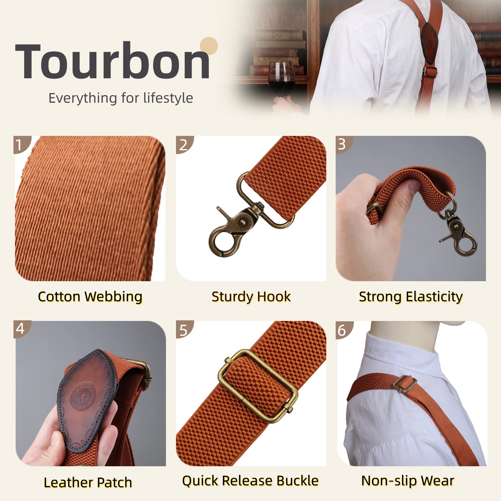 Tourbon Men's Suspenders Y Back Adjustable Y-Shaped Hooks Pants Braces Nonslip