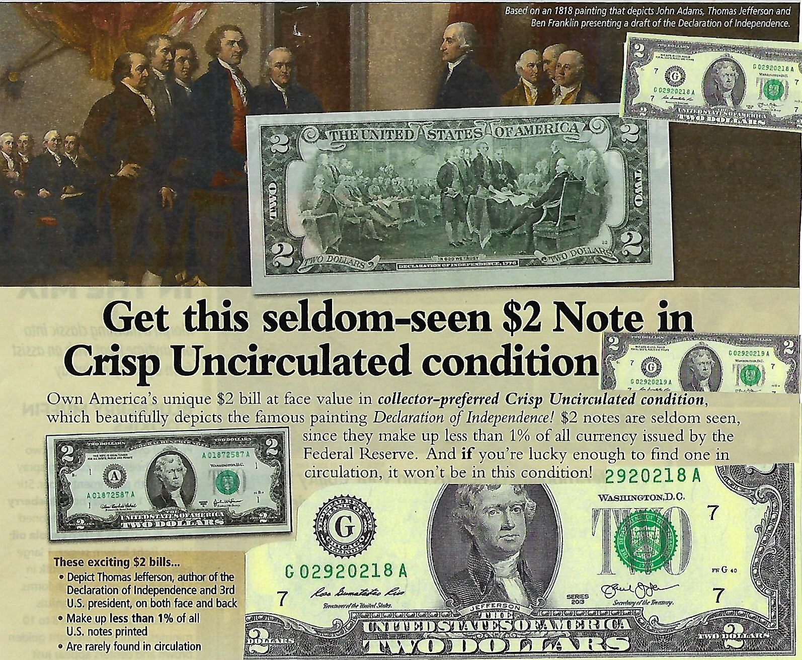 3 Two Dollar Bills Crisp Notes Uncirculated/Consecutive 2017A ** Lowest on Site!