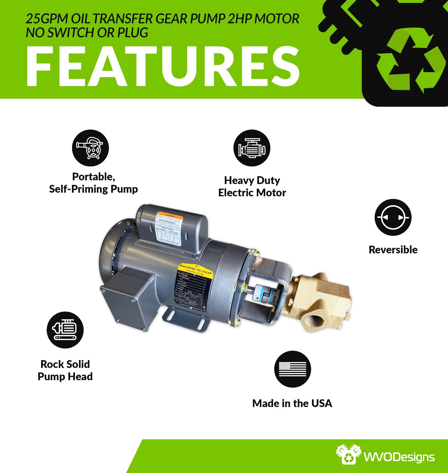 25gpm Oil Transfer Gear Pump with 1HP motor (No Switch, Plug, or Handle)