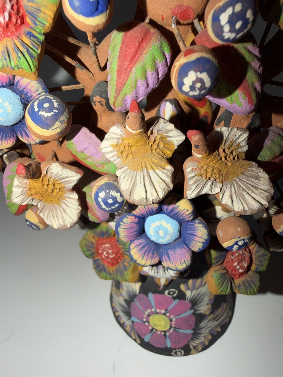 Mexican Clay TREE of LIFE Handmade Multi Color Folk Art Candelabra 12.5" Tall