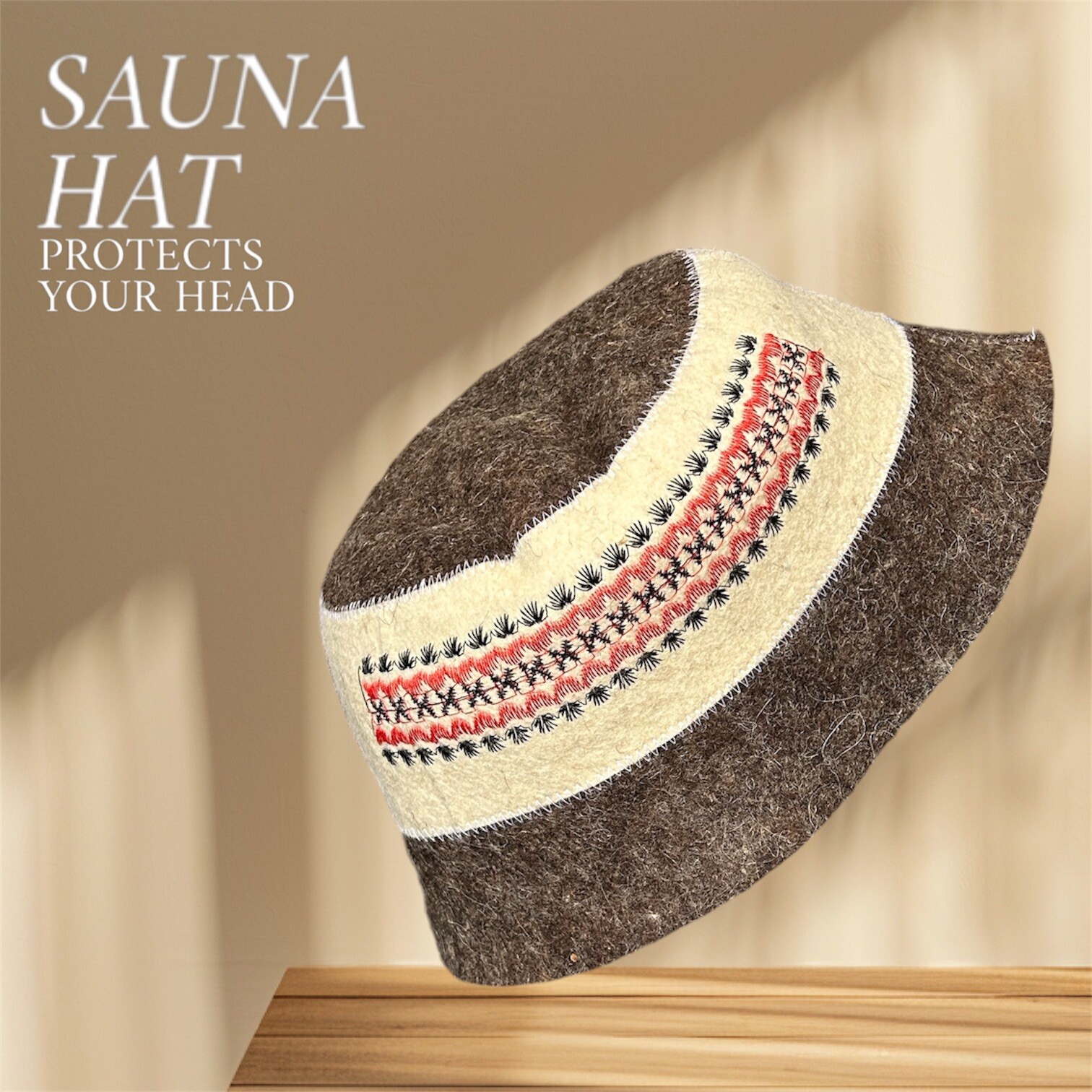 Wool Sauna Panama Hat with Red Embroidered Pattern - Natural Felt Bath Hat